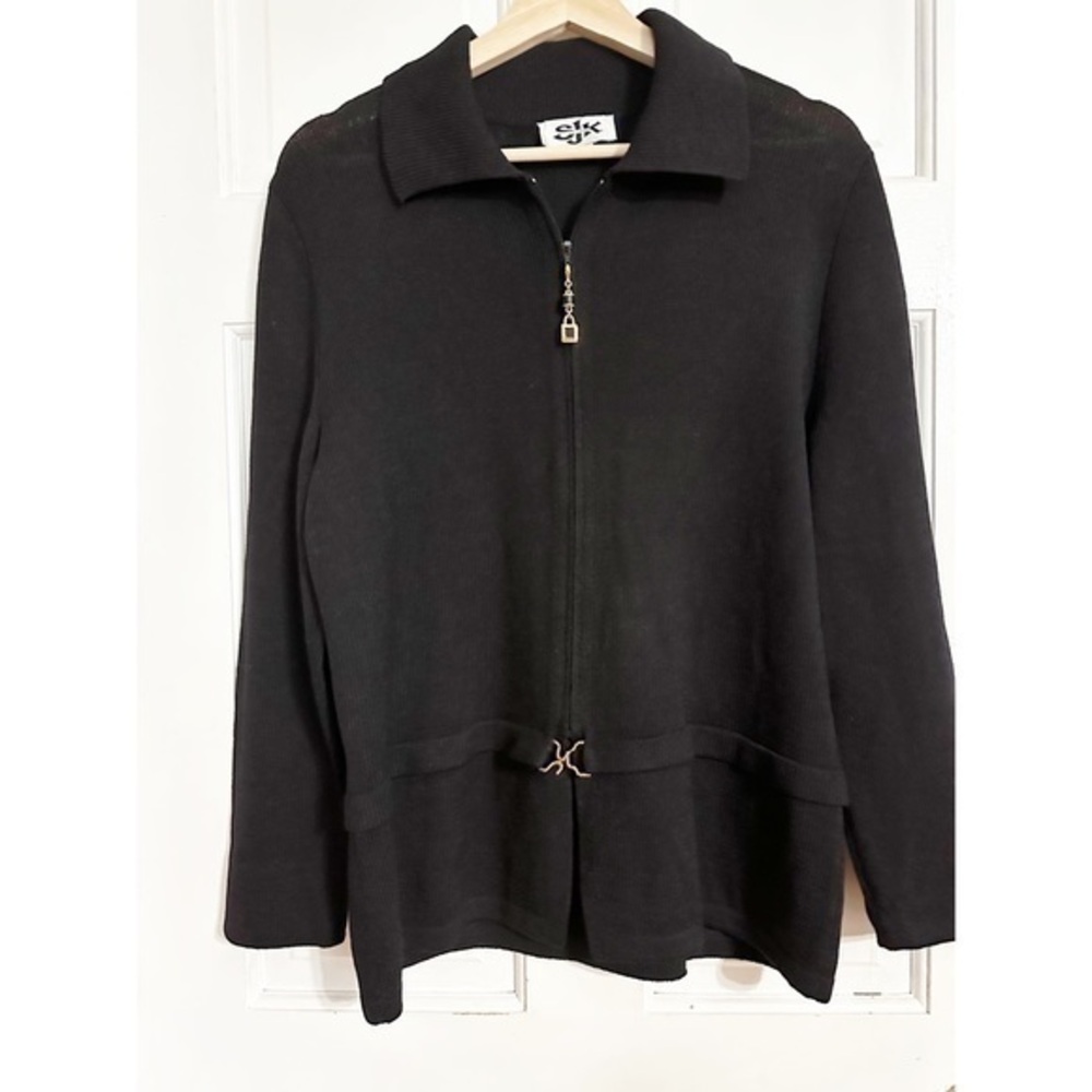 ST JOHN Vintage SJK Black Knit Zipper Jacket Gold Cloisonne Charm Sz 10